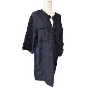 Pistache Linen Dress L/XL Blue Shift Shirt Dress Roll Tab Sleeve Italy Pockets